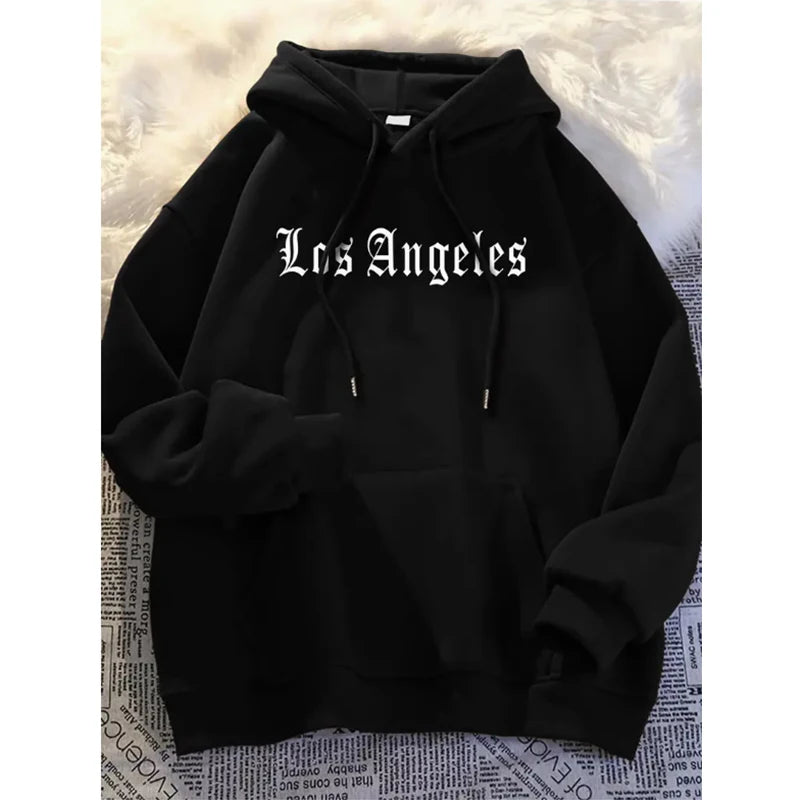 Men's Autumn and Winter Casual Fashion Loose Hoodie Los Angeles Letter Printed Long Sleeved Warm Pullover Sweater