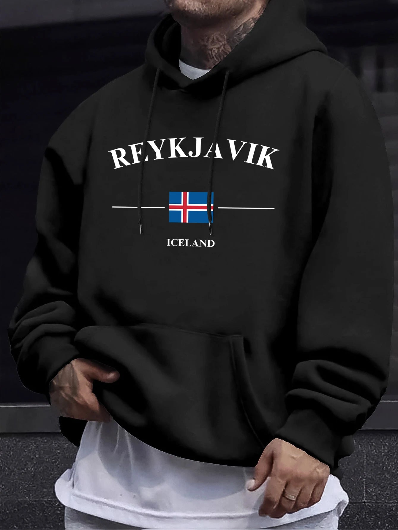 Reykjavik Iceland Letter And Flag Print Hoodie Mens Fleece Autumn Sweatshirt Casual New Streetwear Comfortable Soft Pullovers