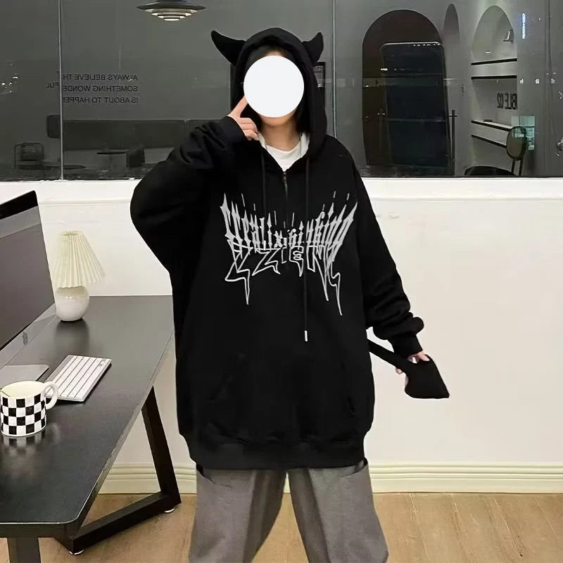 Hipster Hooded Punk Style Couple Hooded Sweatshirt Printing Zip Up Hoodies Y2K Streetwear Long Sleeve Loose Jacket Coats