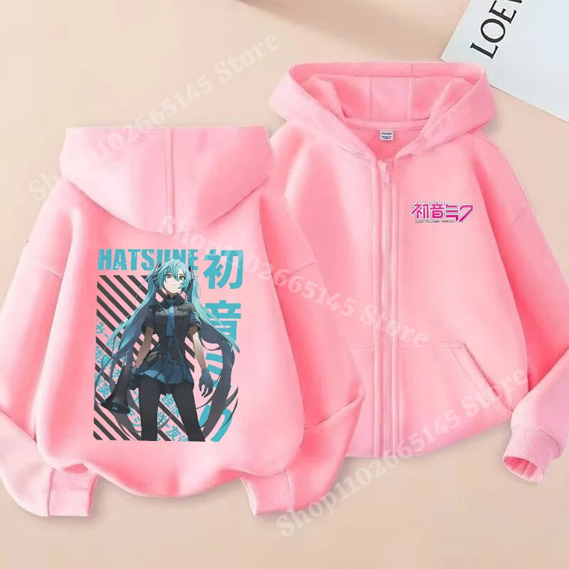Hatsune Miku Zipper Hoodies Coat Girls Cute Hooded Cardigan Kids Spring Autumn Jacket Long Sleeves Fashion Children Clothes Gift