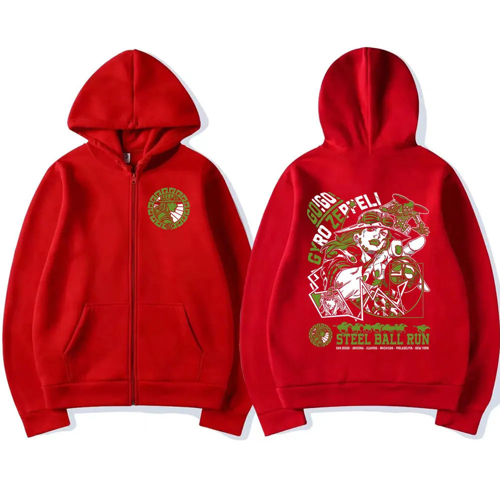 Anime Jojo Bizarre Adventure Zipper Hoodies Gyro Zeppeli STEEL BALL RUN Manga Zip Up Hooded Sweatshirts Men Casual Pullover Coat