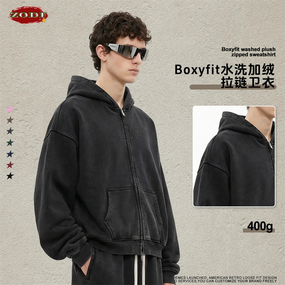ZODF Retro Washed Man Boxy Fit 400gsm Fleece Zipper Hoodie Unisex Distressed Loose Warm Hooded Coat Jacket Brand Outwears HY1184