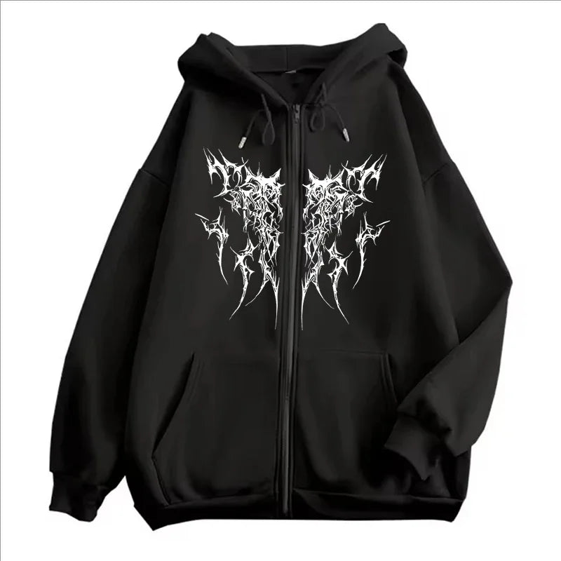 Gothic Printed Zipper Hoodies Women Men Vintage Fashion Hip Hop Y2K Coat Autumn Winter Fleece Long Sleeve Zip-up Hoodies