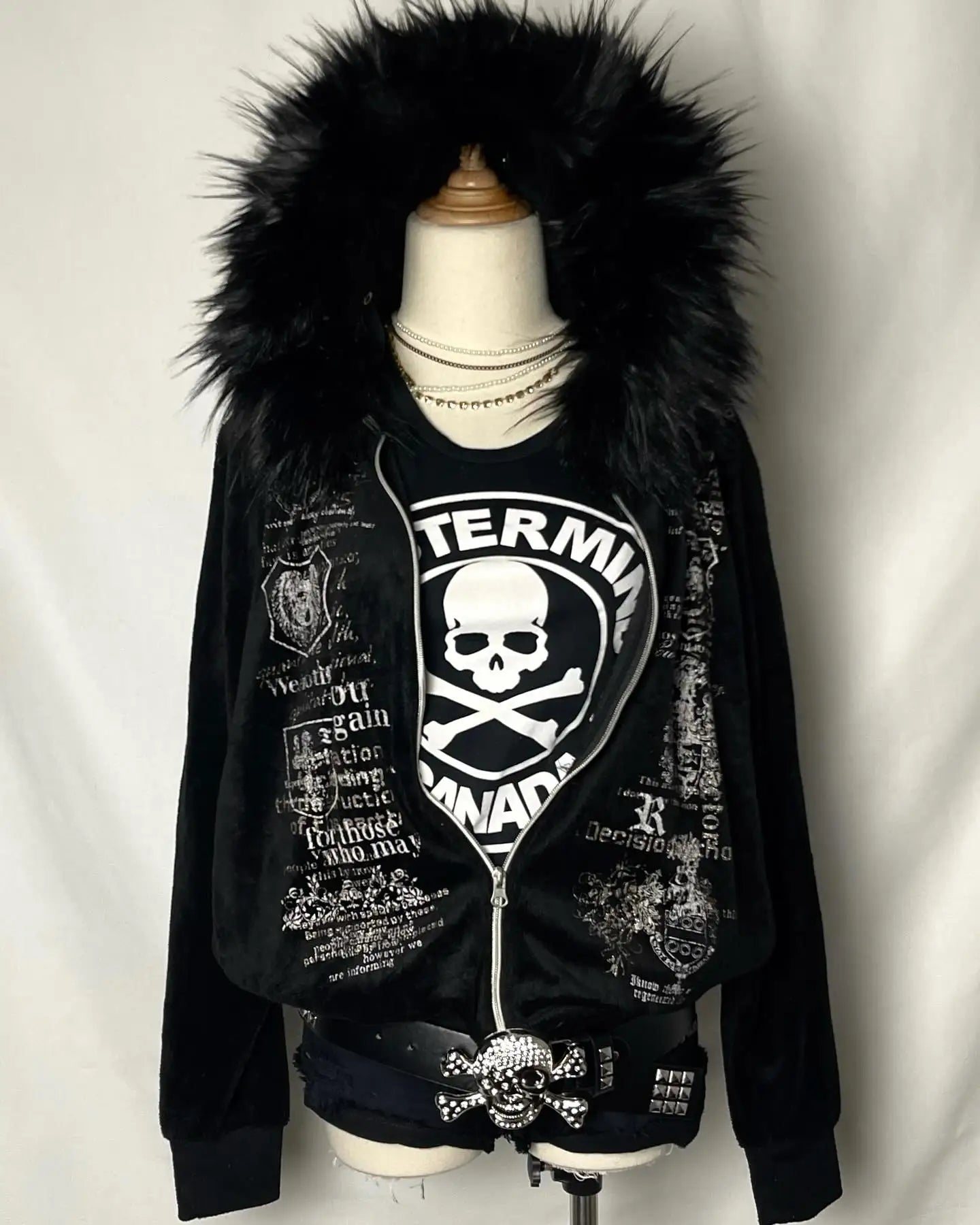 Y2K Fur collar sweatshirt Gothic Retro Pattern Super Dalian Hat Zipper Sweatshirt Trend Men Women Fashion Casual Streetwear