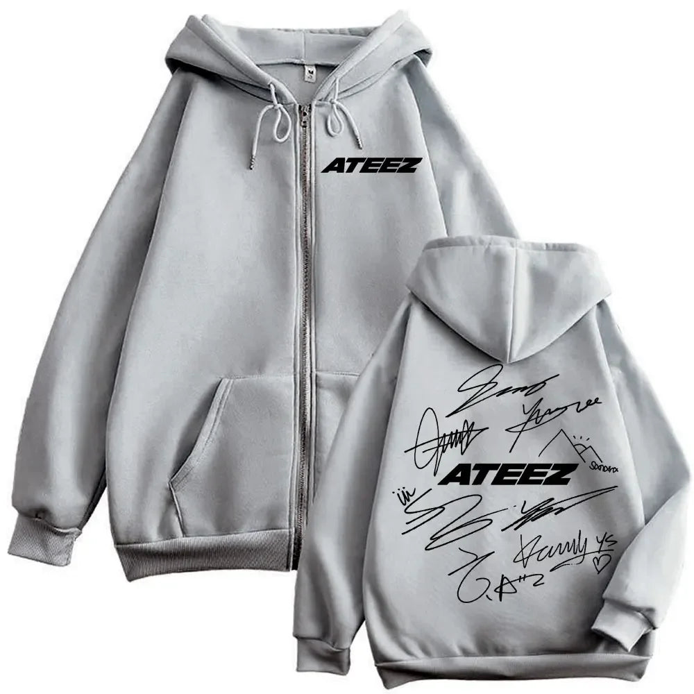 Limited Kpop ATEEZ Logo Double Sided Print Zipper Hoodie Fashion Hip Hop Zip Up Sweatshirts Men Women Casual Oversized Pullovers