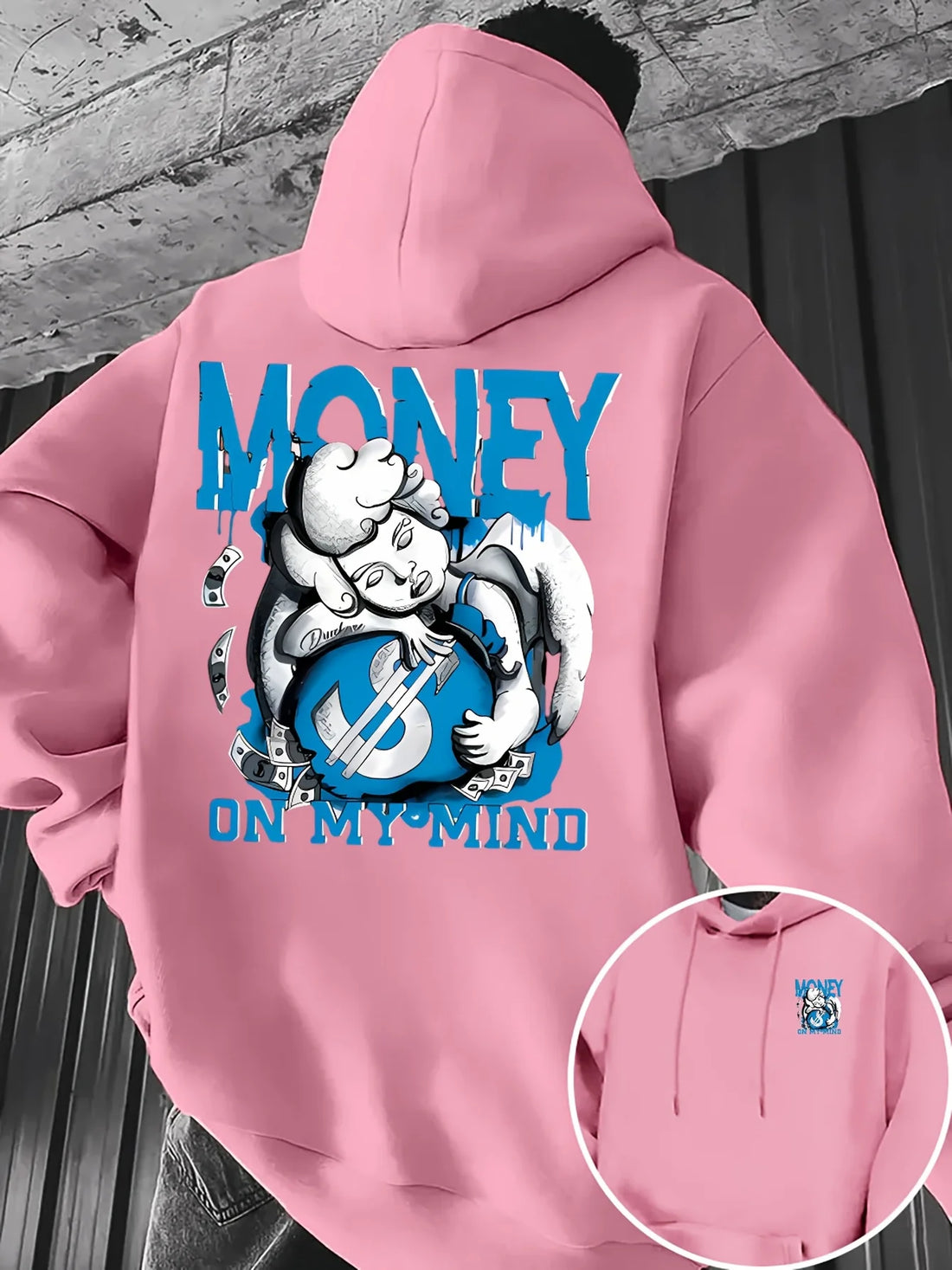 Men's Money On My Mind Angel Graphic Hoodie Casual Loose Pullover Sweatshirt Hip Hop Streetwear Long Sleeve Hooded Top
