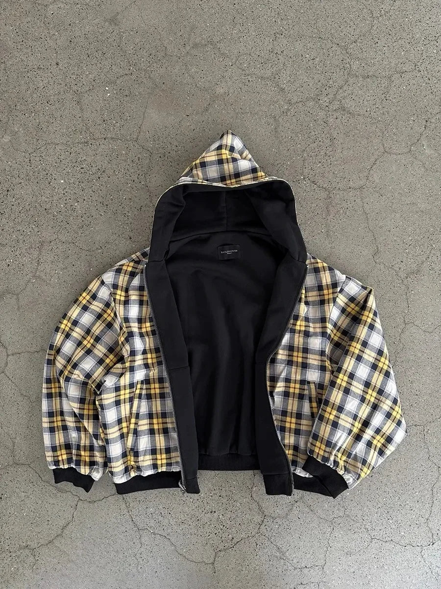 90s Lined Blue Check Hoodie Kawaii Gothic Harajuku Streetwear Loose Fit Cotton Pullover Double Face Long Sleeve Sweatshirt
