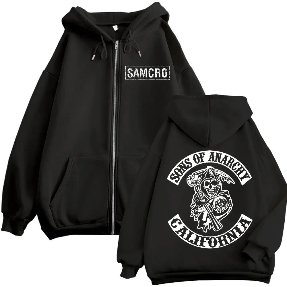 2025 New Sons of Anarchy Double Sided Printed Hoodie Men Women Gothic Retro Zipper Sportswear Casual Street Fashion Pullover