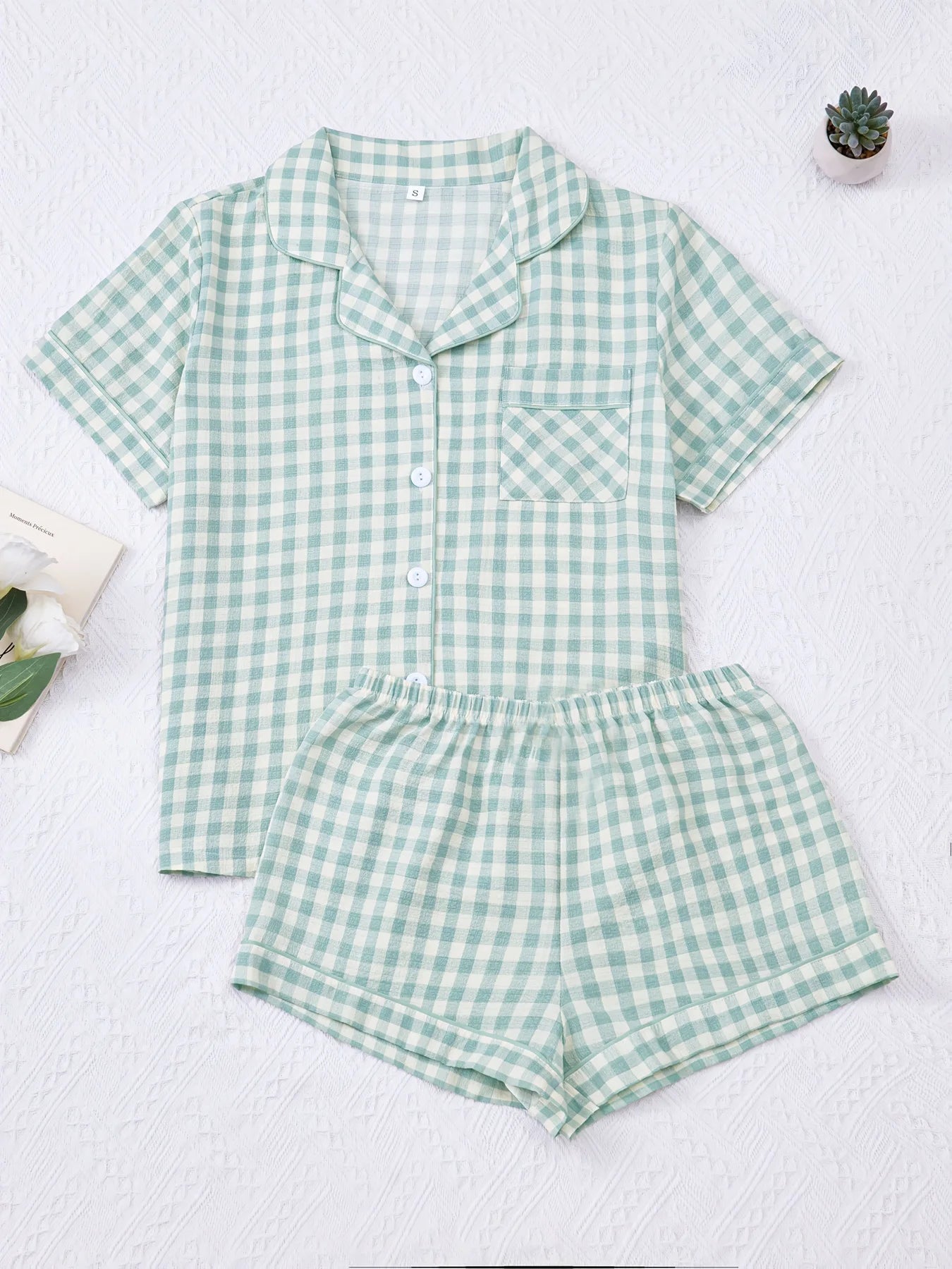 Women Pajamas Set Summer Ladies Plaid Print Casual Pajama Set, Short Sleeve Collar Top and Shorts Casual Comfy Loungewear