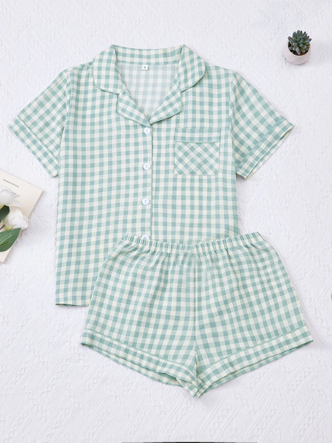 Women Pajamas Set Summer Ladies Plaid Print Casual Pajama Set, Short Sleeve Collar Top and Shorts Casual Comfy Loungewear