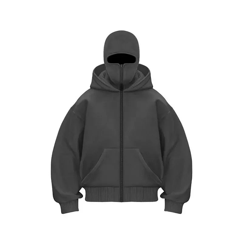 Autumn and Winter New Windproof Mask Double Hood Sweatshirt Unisex Full Zip Loose Fashionable Casual Street Coat