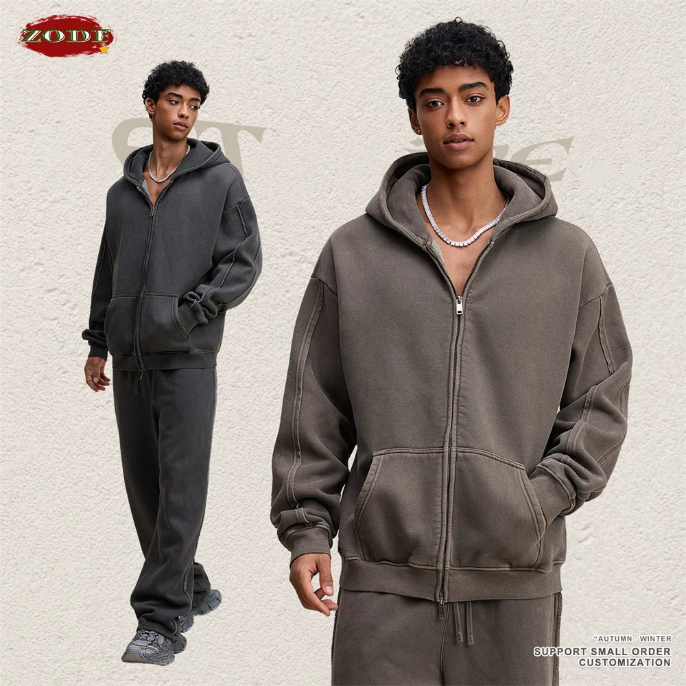 ZODF Retro 2025 Autumn Winter Zipper Fleece Hoodies For Man Unisex 400gsm Solid Washed Batik Warm Hooded Coats HY1084