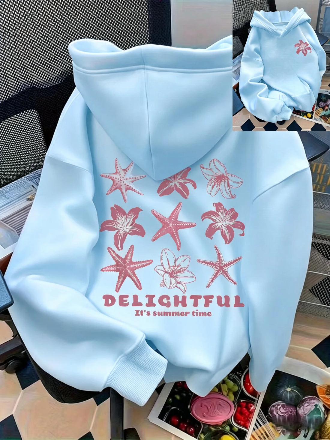 Women's casual seashell and letter pattern front and back printed pullover hoodie women's casual top versatile style hoodie