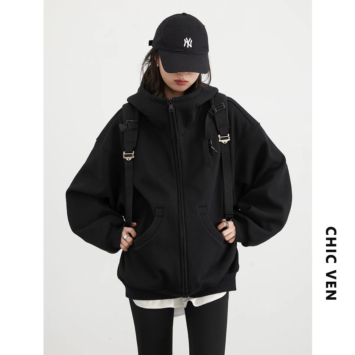 CHIC VEN Women Sweatshirts Loose Casual Hooded Long Sleeves with Plush Sweater Double Zipper Oversize Coat Spring Autumn 2026