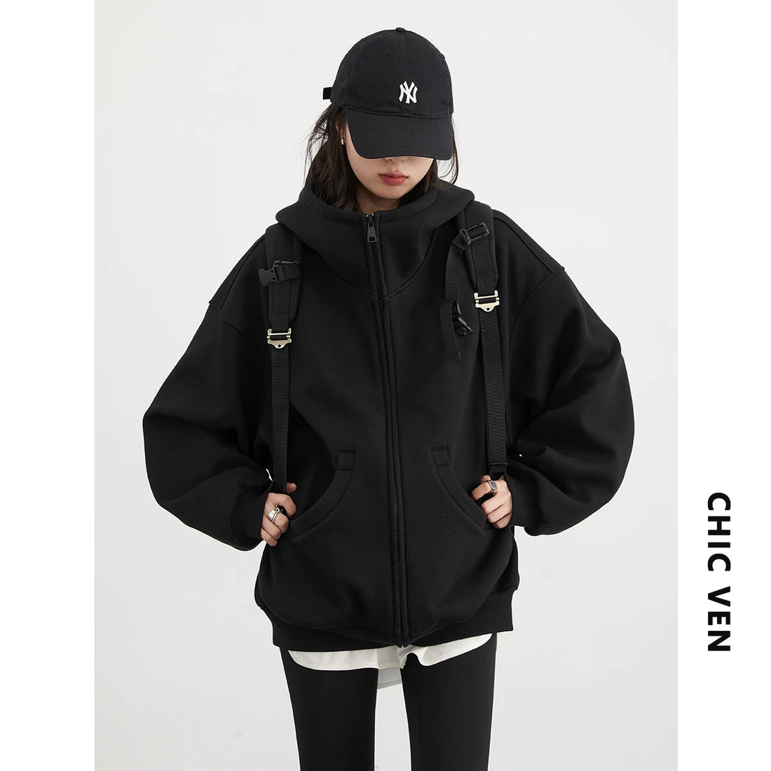 CHIC VEN Women Sweatshirts Loose Casual Hooded Long Sleeves with Plush Sweater Double Zipper Oversize Coat Spring Autumn 2026