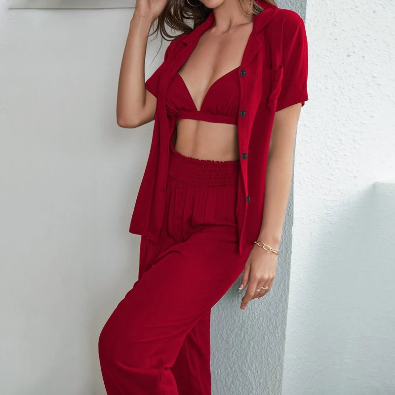 Women's Solid Satin Casual Pajama Set Short Sleeve Buttons Lapel Top & Pants Pijama Comfortable Relaxed Fit Home Clothes 3 Piece