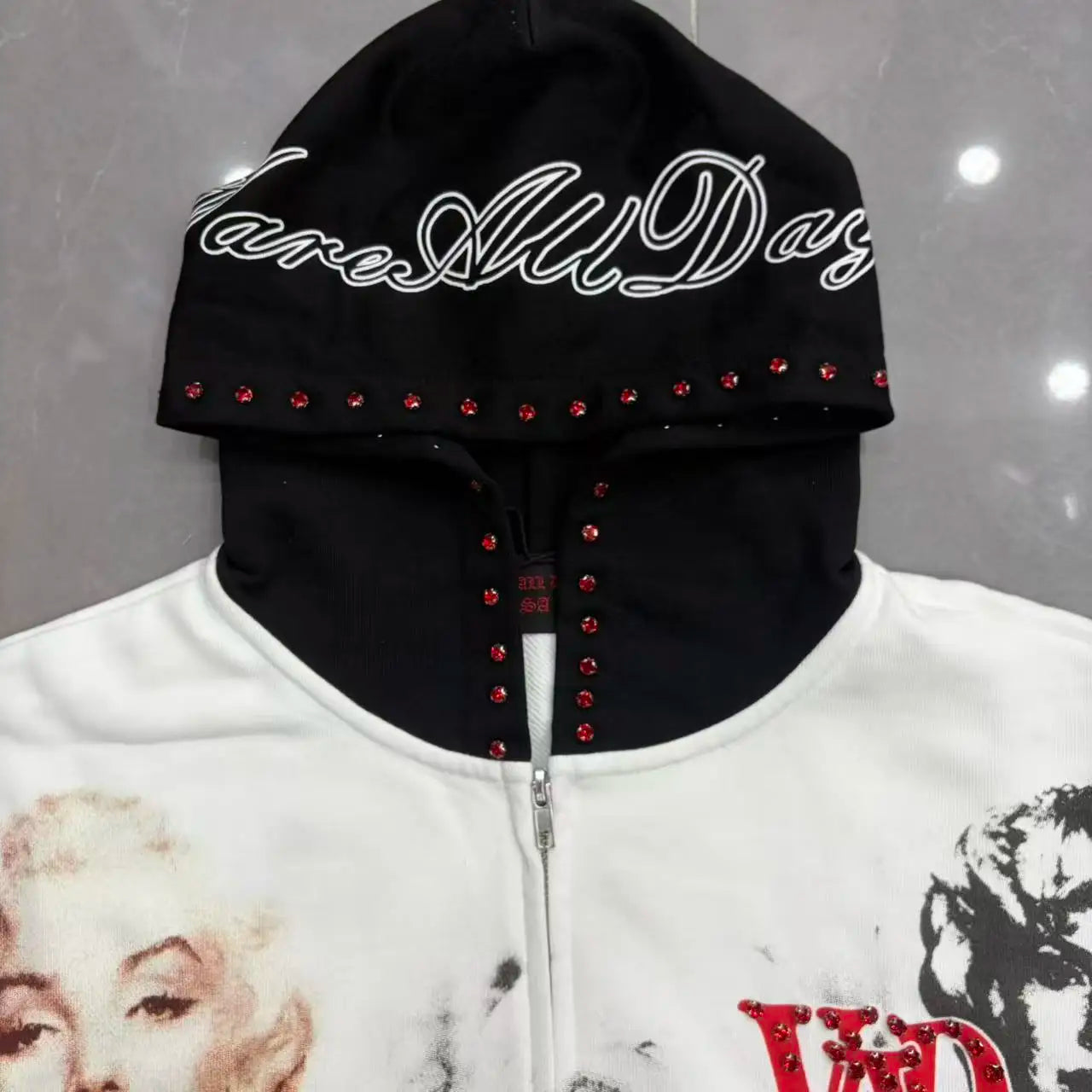 High-Quality Fashionable Loose-Fitting Color-Blocked Rhinestone Zipper Cardigan Sweatshirt Made of Pure Cotton Terry Fabric with Rhinestone Zipper Hoodie