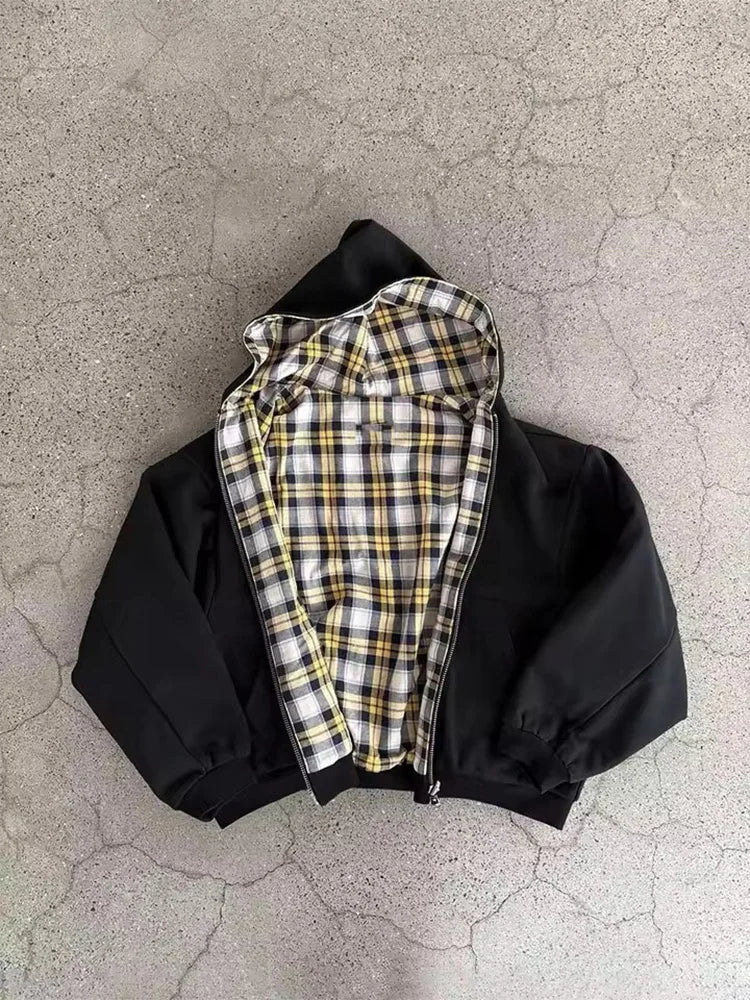 Winter Casual Plaid Print Hoodie Women's Warm Zip-Up Double-Sided Wear Sweatshirt Female Fashion Trendy Loose Hooded