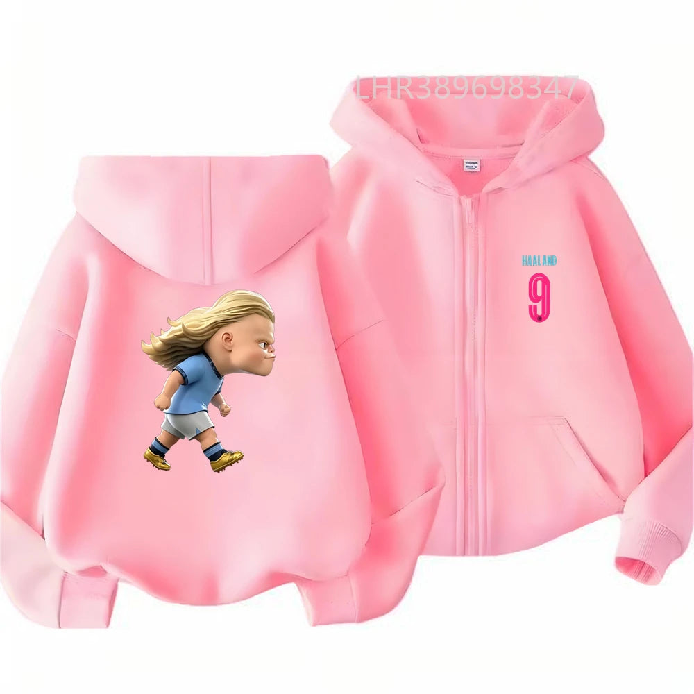 Kids Zipper Hoodie Tops Football Star No. 9 Print Black Boys Girls Red Toddler Coat Age 3-12 Casual Autumn Fashion Clothing