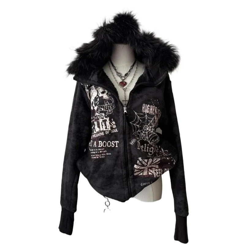 Vintage Popular New Pattern Printing Hooded Sweater Women Y2K Korean Version Tight Casual Plus Velvet Padded Joker Sports Hoodie