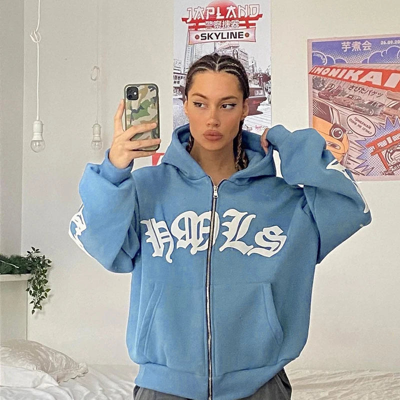 New Women's Street Style Hoodie with Foam Zipper European & American Fashion Casual Comfortable Fit Hooded Sweatshirt