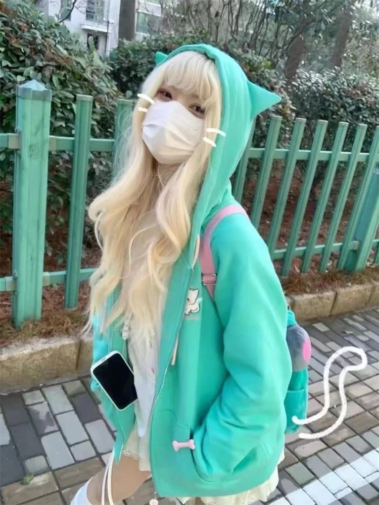 Y2k Kawaii Japanese Cartoon Long Sleeve Zipper Hooded Sweatshirts Subculture Loose Casual Hoodies Women Tops 2000s Vintage Chic