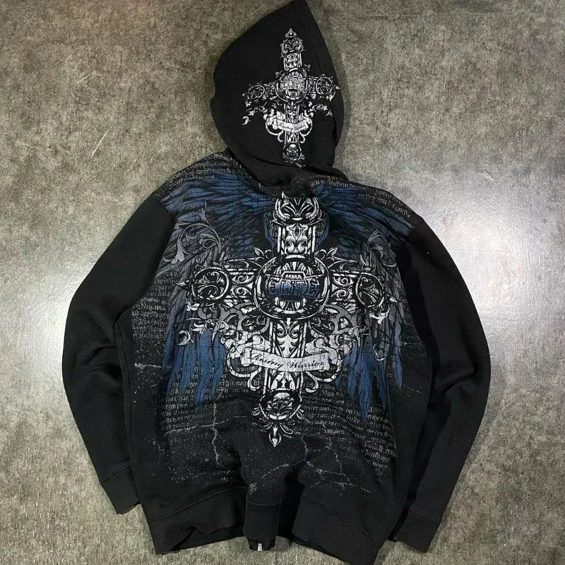 Man Hoodie Y2k Goth Streetwear Men Hip Hop Streetwear Harajuku Gothic Pattern Zip Up 90s Graphic Sweatshirt Japanese Anime