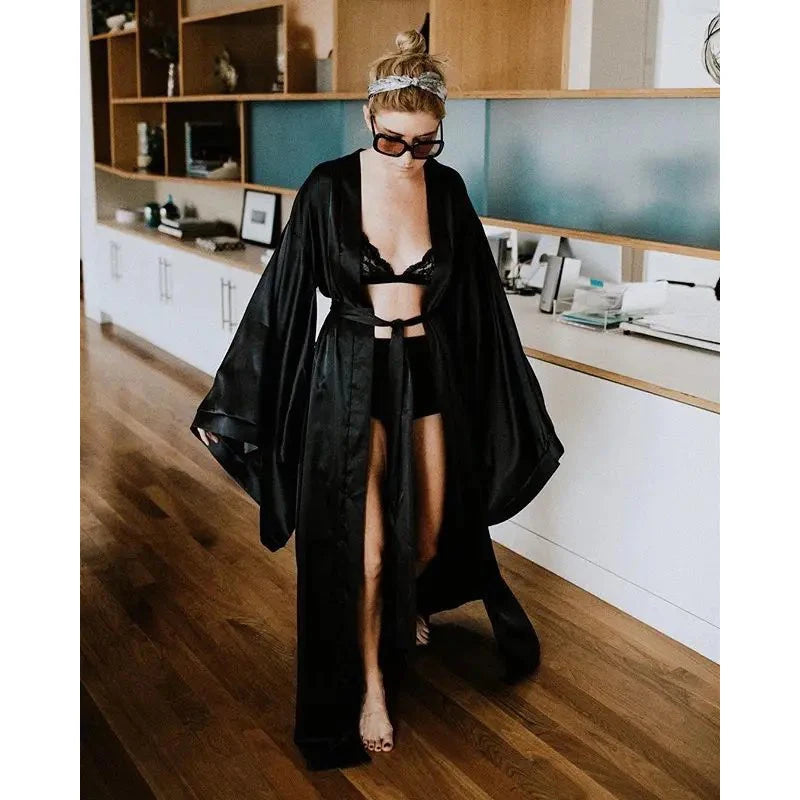 New Solid Robes Women Black Red Long Sleeve Nightgown Ladies Girls Silk Satin Smooth Spring Lace Sleepwear Female Bathrobe