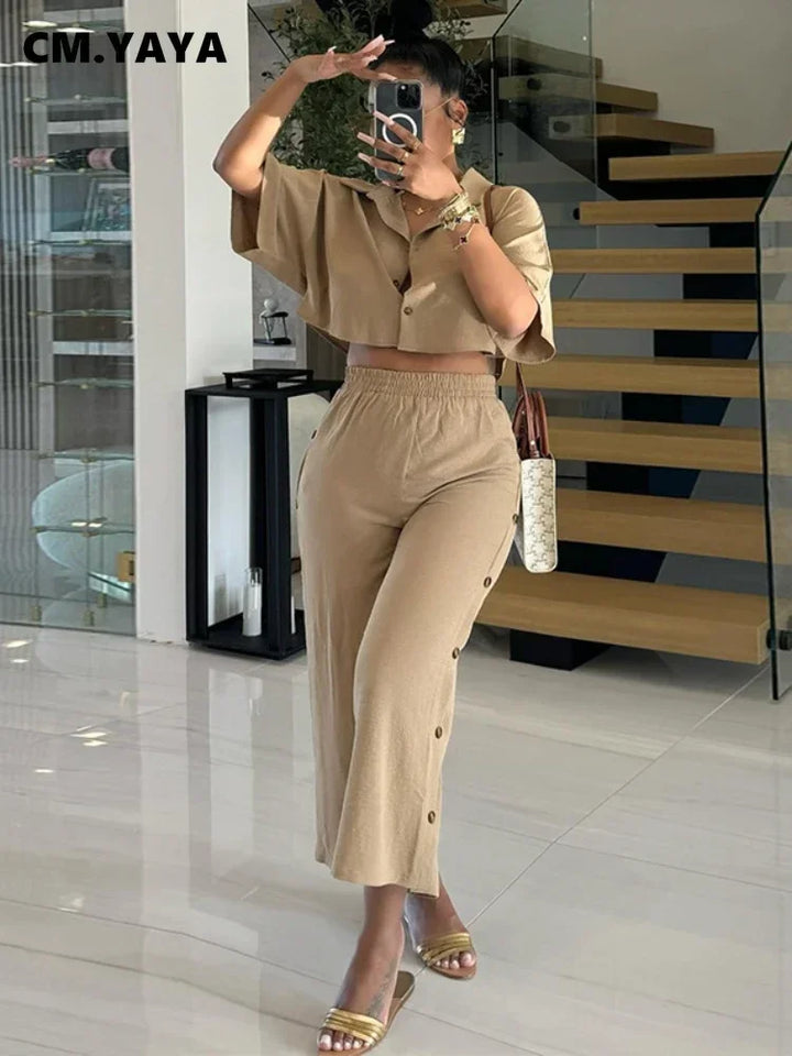 CM.YAYA Fashion Women's Set Short Sleeve shirt Blouses and Button Splicing Side Wide Leg Pants Suits 2024 Two 2Piece Set Outfits