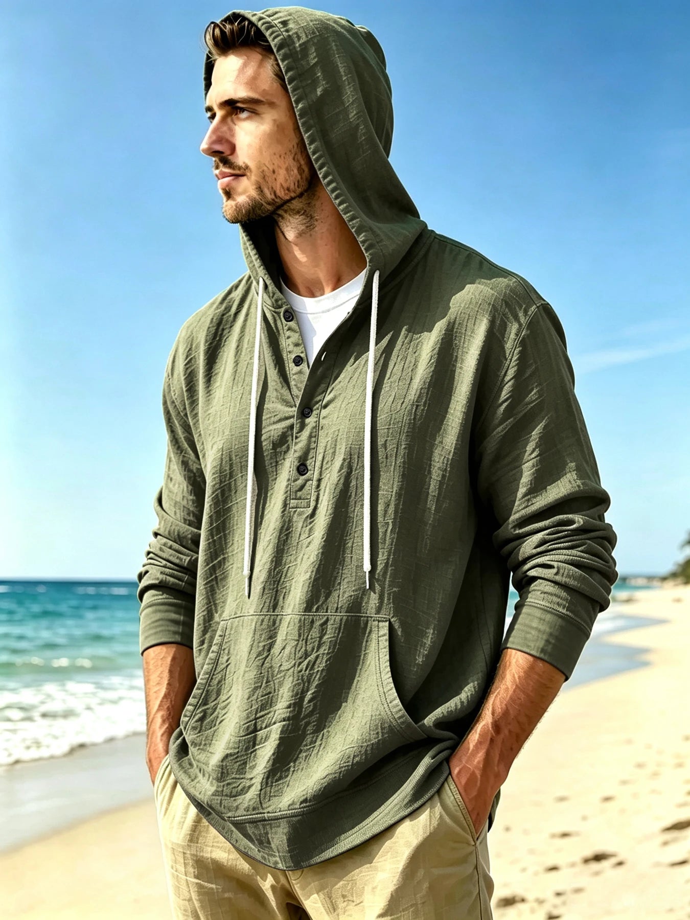 Men's Henley Hooded Casual Shirt, Beach Vacation Relaxed Style, Half Button Placket, Drawstring Hood & Kangaroo Pocket, Breathab