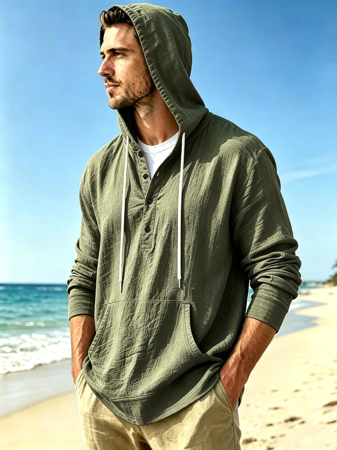 Men's Henley Hooded Casual Shirt, Beach Vacation Relaxed Style, Half Button Placket, Drawstring Hood & Kangaroo Pocket, Breathab