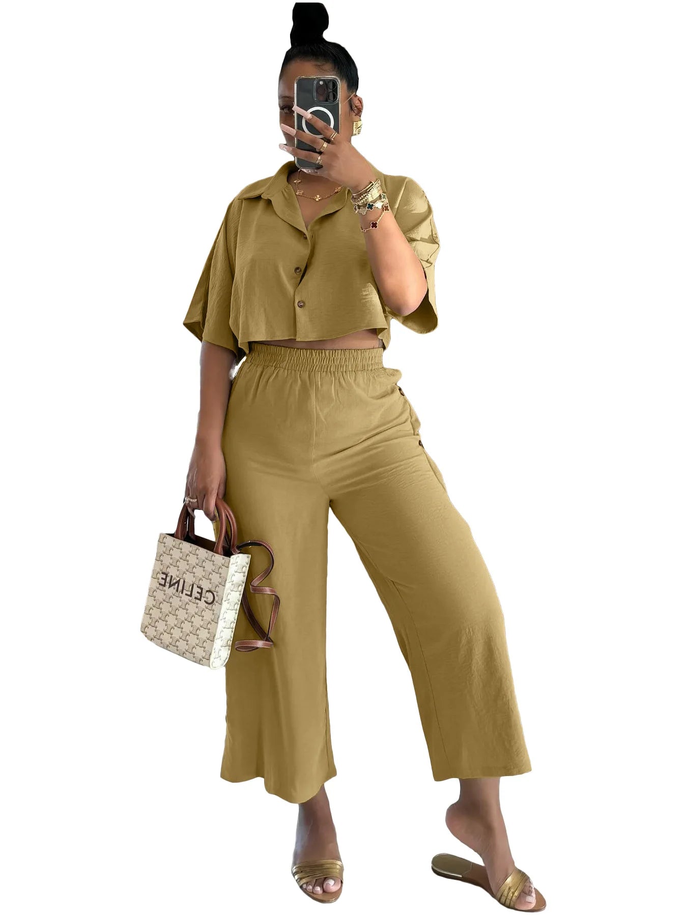 CM.YAYA Fashion Women's Set Short Sleeve shirt Blouses and Button Splicing Side Wide Leg Pants Suits 2024 Two 2Piece Set Outfits
