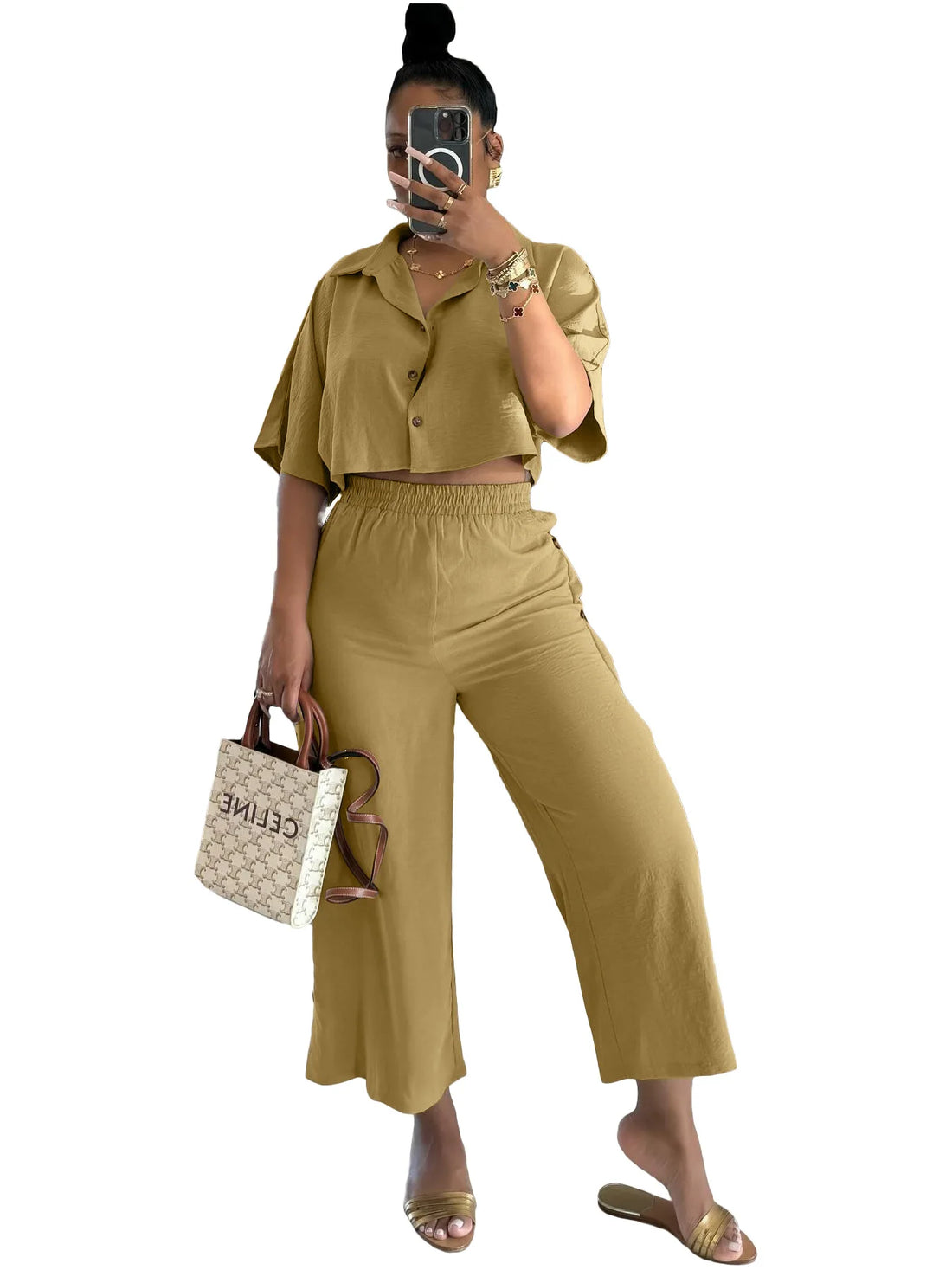 CM.YAYA Fashion Women's Set Short Sleeve shirt Blouses and Button Splicing Side Wide Leg Pants Suits 2024 Two 2Piece Set Outfits