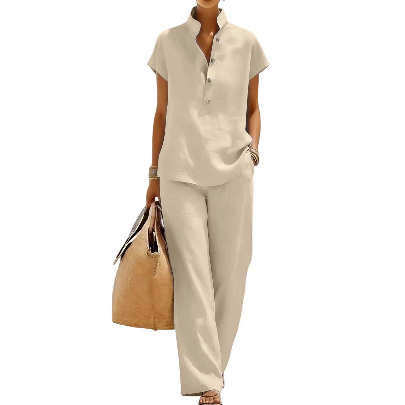 Fashion Cotton Linen Short Sleeved Women Shirt Pants Suit Spring Summer New Simple Casual Pocket Pants Female Office 2 Piece Set