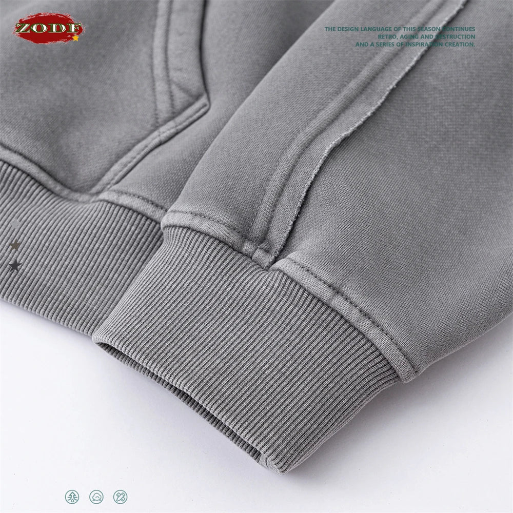 ZODF Retro 2025 Autumn Winter Zipper Fleece Hoodies For Man Unisex 400gsm Solid Washed Batik Warm Hooded Coats HY1084