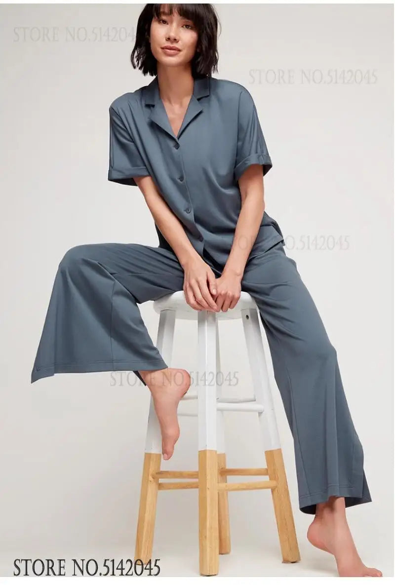 Spring Summer New 2Pcs Pajamas Set Cotton Women's Sleepwear Home Clothing Modal Short Sleeve Trouser Suit Pyjamas Lounge Wear