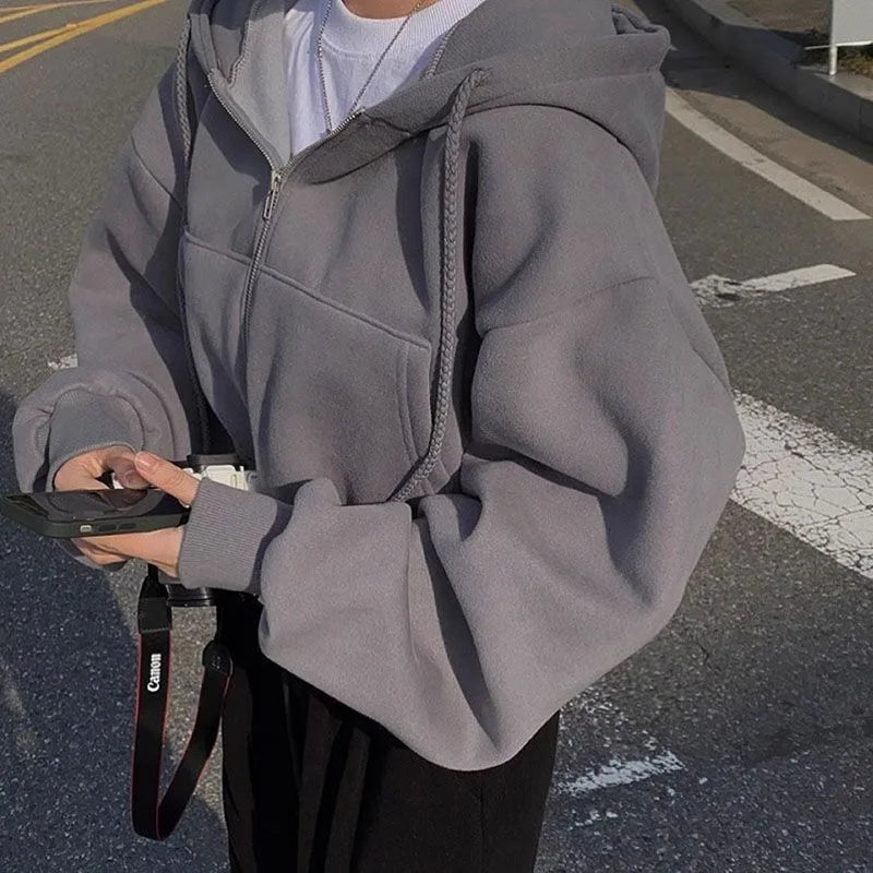 Zip Up Hoodies Women Autumn Winter Warm Fleece Lined Long Sleeve Cropped Jackets New Fashion Hooded Sweatshirts Female Y2K Coats