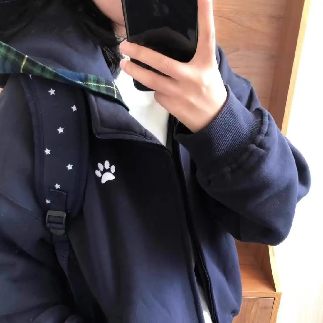 Women Vintage Hoodie Dog Paw Embroidery Plaid Patchwork Hooded Sweatshirt Couple Streetwear Autumn Jacket