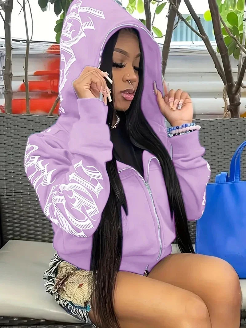 New 2025 Winter Letter Printed Zip Up Hoodie Streetwear Women Cyber Y2k Jackets Cardigan Gothic Punk Clothes Sweatshirts
