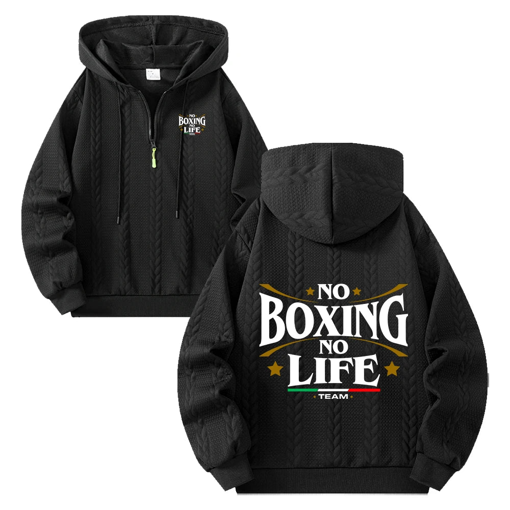 Men's Boxing Slogan Print Cable Jacquard Half Zip Hoodies Loose Casual Pullover Autumn Everyday Fashion Fitness Commute Top