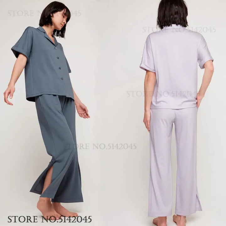 Spring Summer New 2Pcs Pajamas Set Cotton Women's Sleepwear Home Clothing Modal Short Sleeve Trouser Suit Pyjamas Lounge Wear