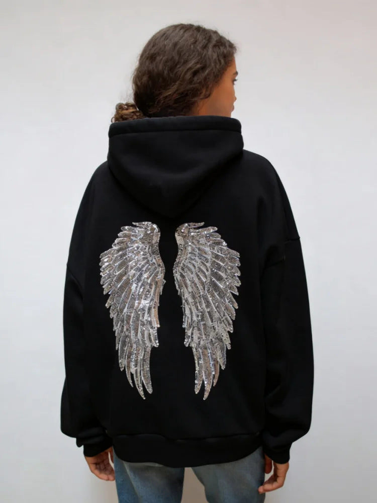 Sequin Angel's Wings Hoodies Women Chic Loose Long Sleeve Pullovers Top Slim Yoga Pant Set 2025 New Casual Lady Two Piece Sets