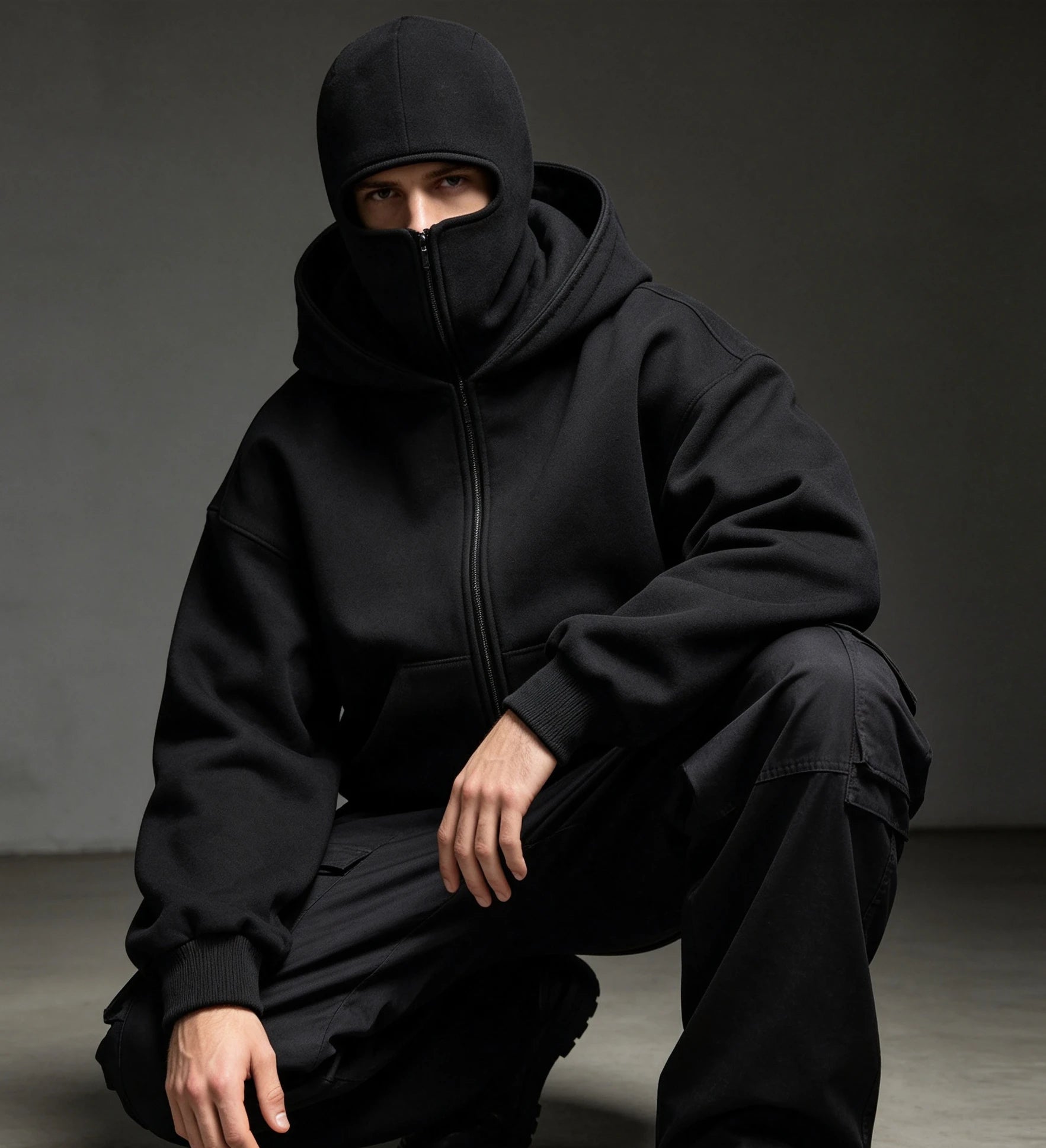 Autumn and Winter New Windproof Mask Double Hood Sweatshirt Unisex Full Zip Loose Fashionable Casual Street Coat