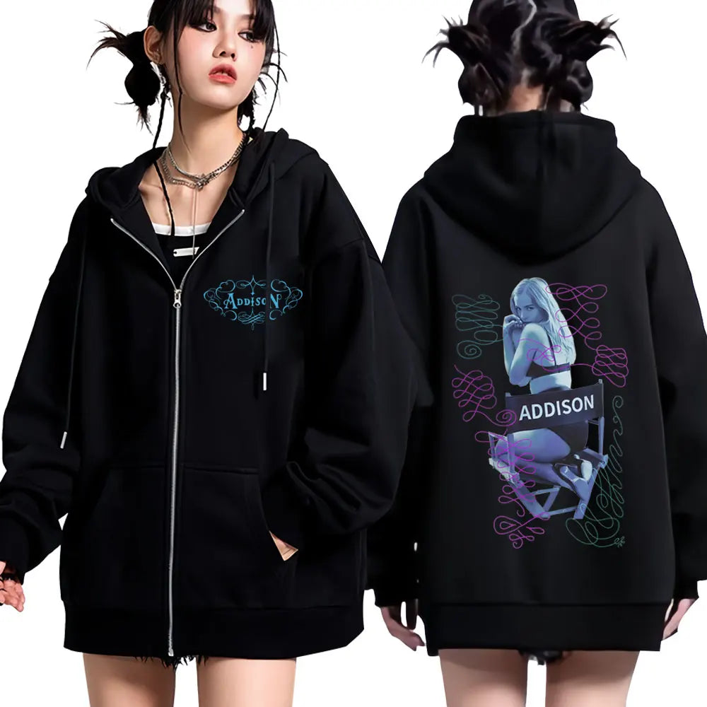 Addison Rae Double-sided Print Vintage Zipper Hoodies Men Women Oversized Fashion  Long Sleeve Aesthetics Zip Up Sweatshirts Top