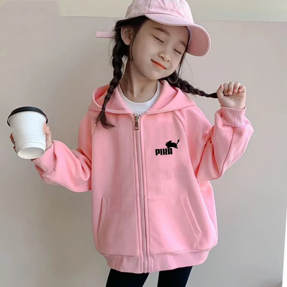Children Zipper Cardigan Hoodies Print Tops Boy Black Girls Pink Sweatshirt Coat Long Sleeve Casual Fashion Hooded