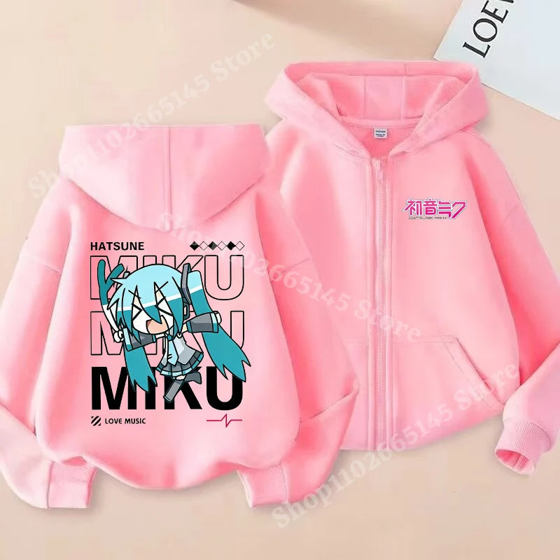 Hatsune Miku Zipper Hoodies Coat Girls Cute Hooded Cardigan Kids Spring Autumn Jacket Long Sleeves Fashion Children Clothes Gift