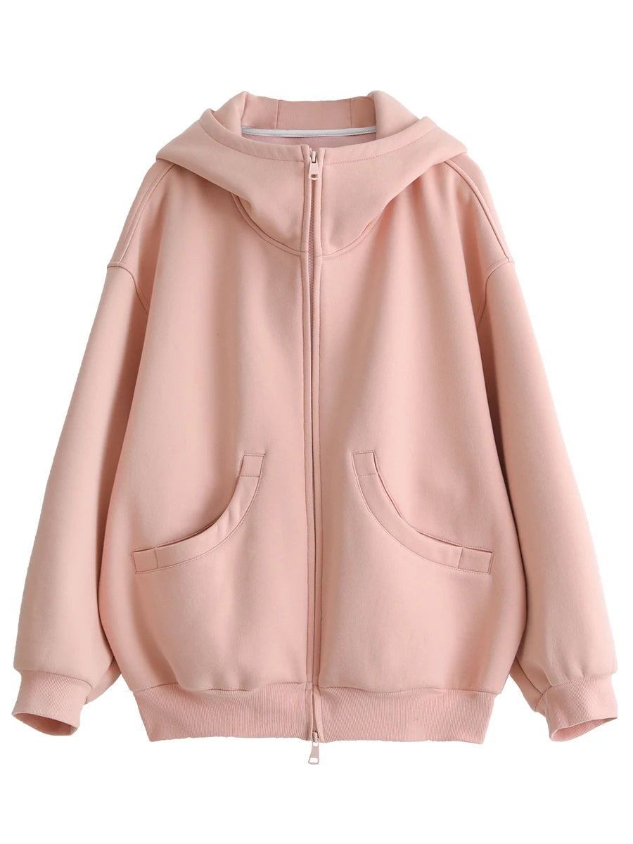 CHIC VEN Women Sweatshirts Loose Casual Hooded Long Sleeves with Plush Sweater Double Zipper Oversize Coat Spring Autumn 2026