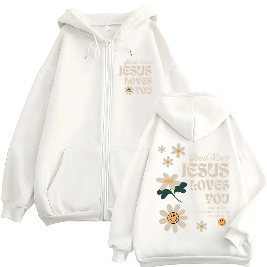 Good News Jesus Loves You Christian Zipper Hoodies Men Women Clothing Fashion Sweat Zip Up Sweatshirts Oversized Pullover Jacket