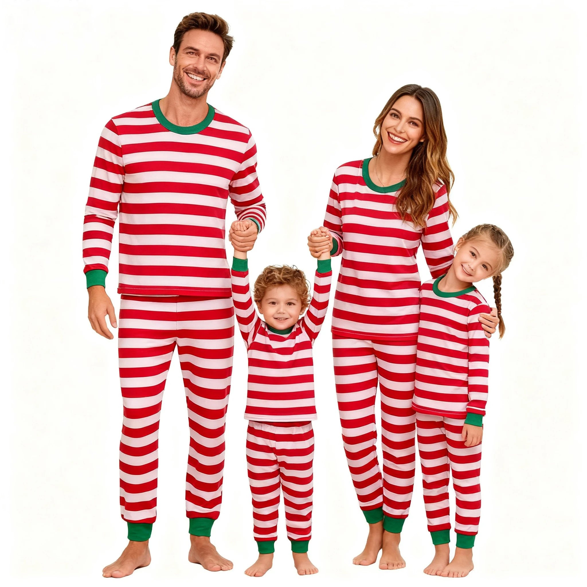 Family Matching Christmas Pajamas Red White Striped Long Sleeve Set Soft Sleepwear for Dad Mom Children Holiday Loungewear