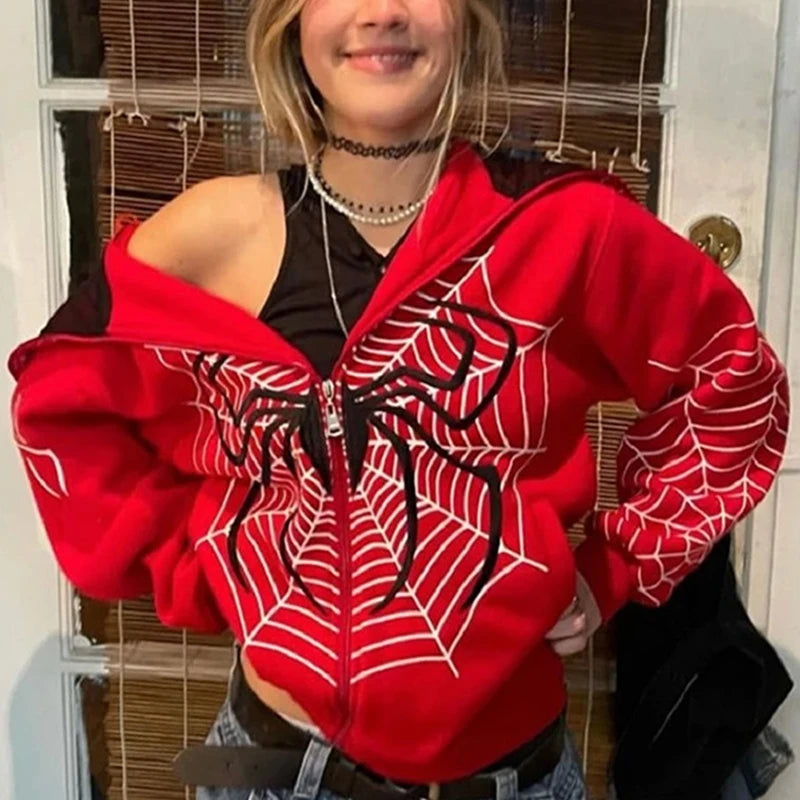 cross-border new Europe and the United States INS autumn and winter spider web print street hipster full zipper pullover hoodie